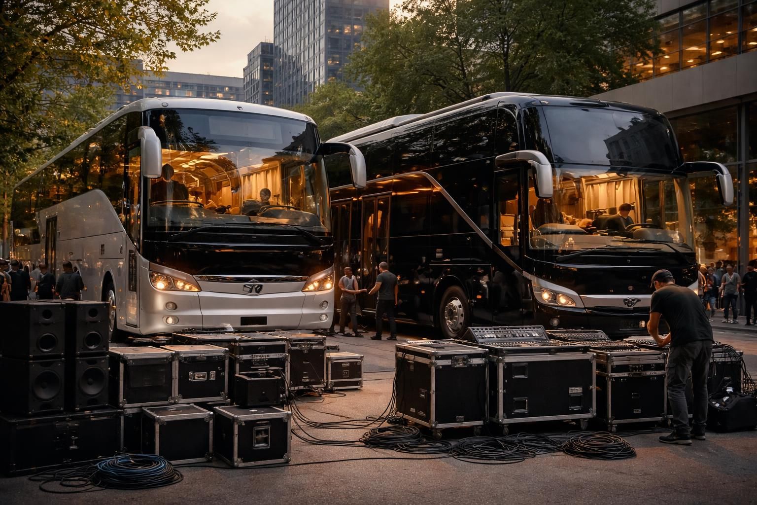 Tournée musicale en bus Setra et Neoplan pour artistes avec loges et équipements sonores